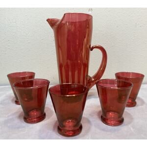 Mid Century Ruby Barware Pitcher Glasses Stirrer